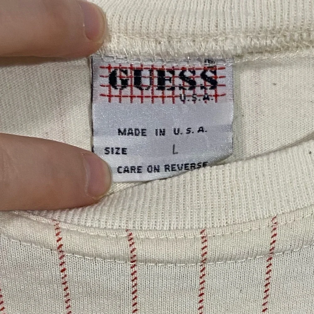 90s Guess Jeans USA MADE Red Pinstripe Long Sleeve Tee Vintage Boy’s Large